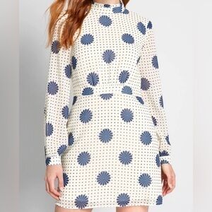 ModCloth High Neck Long Sleeve Polka Dot Floral Mini Dress White Blue 12 NEW